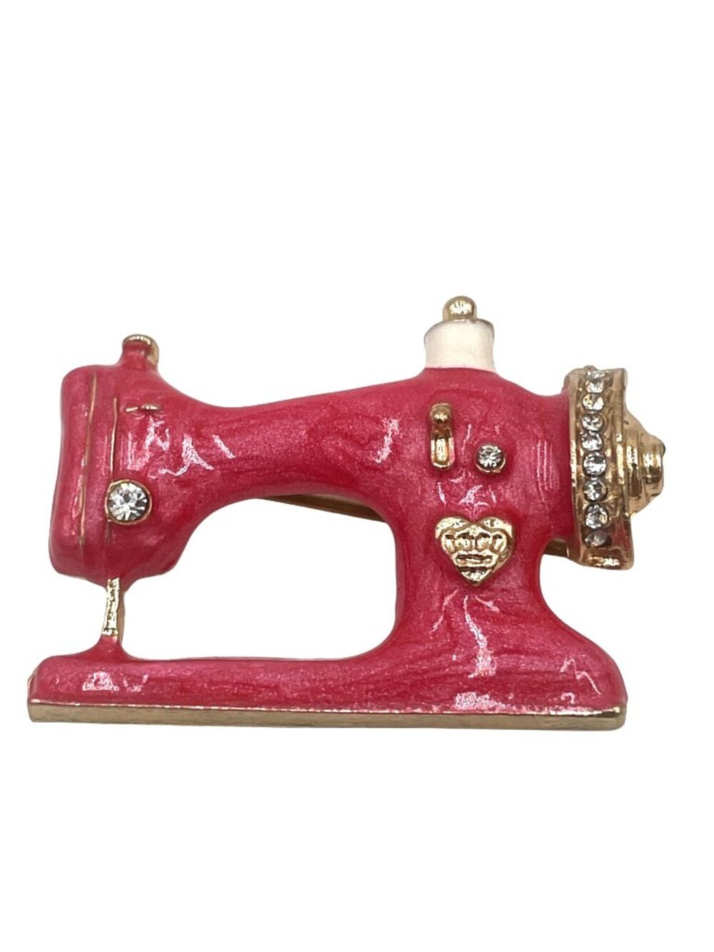 Mini Singer Sewing Machine Pin Brooch Rhinestones & Pink Enamel Gold Accents